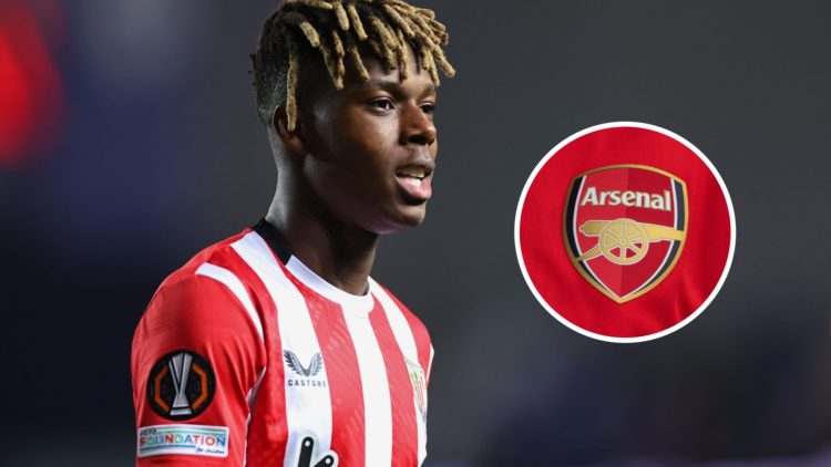 Main: Nico Williams walks during Athletic Bilbao's Europa League quarter-final against Rangers. Inset: Arsenal badge.