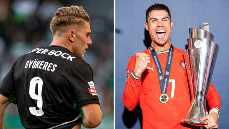 A split image with Viktor Gyokeres looking on alongside Cristiano Ronaldo celebrating with the Nations League trophy