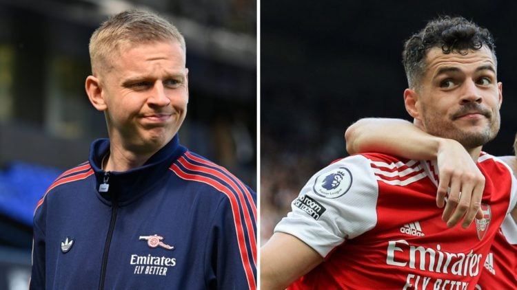 Split image of (L) Oleksandr Zinchenko prior to the Premier League match between Ipswich Town and Arsenal and (R) Granit Xhaka celebrates during th...