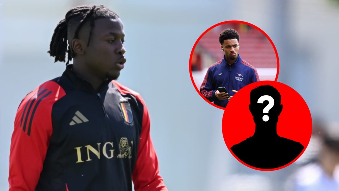Johan Bakayoko of Belgium looks on during a public training session at Wasen-SportCentrum, inset, Ethan Nwaneri prior to the Premier League match b...