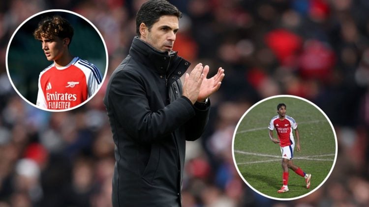 Image of Mikel Arteta, Manager of Arsenal applauds the fans after the Premier League match between Arsenal FC and Chelsea, insets of Max Dowman of ...