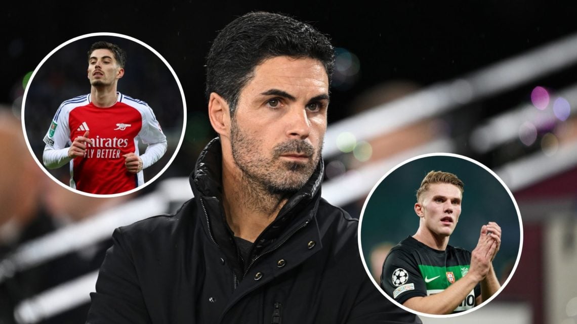 Image of Mikel Arteta, Manager of Arsenal, looks on prior to the Premier League match between West Ham United FC and Arsenal, insets of Kai Havertz...
