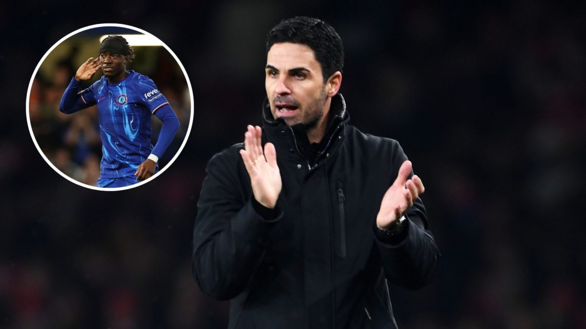 Image of Mikel Arteta, Manager of Arsenal, reacts during the UEFA Champions League match between Arsenal FC and RC Lens, inset of Noni Madueke of C...