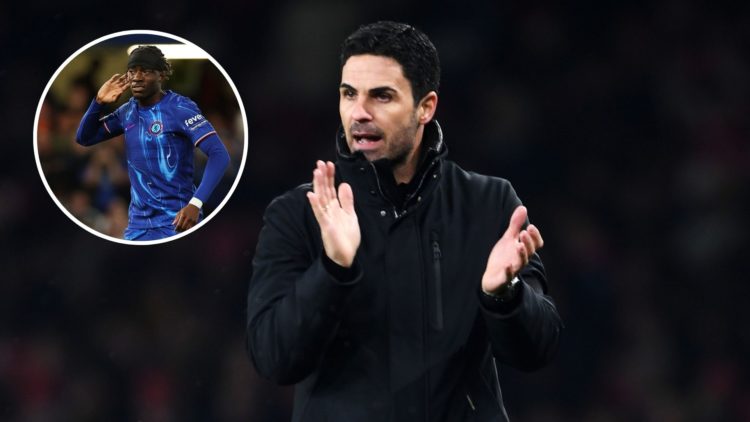 Image of Mikel Arteta, Manager of Arsenal, reacts during the UEFA Champions League match between Arsenal FC and RC Lens, inset of Noni Madueke of C...
