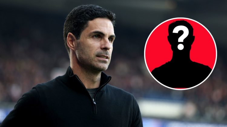 Image of Mikel Arteta looks on during PSG vs Arsenal, inset of a mystery player