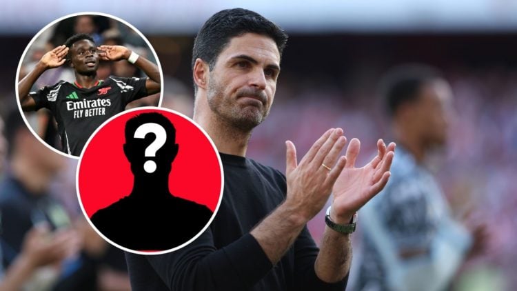 Image of Mikel Arteta, Manager of Arsenal, applauds the fans following the Premier League match between Arsenal FC and Everton, Insets of Bukayo Sa...