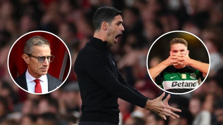 Image of Mikel Arteta manager / head coach of Arsenal reacts during the Premier League match between Arsenal FC and Liverpool, insets of Andrea Ber...