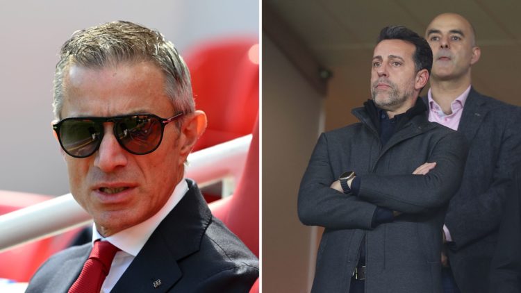 Split Image of Andrea Berta, Sporting Director of Arsenal, looks on prior to the Premier League match between Liverpool FC and Arsenal, Edu, Eduard...