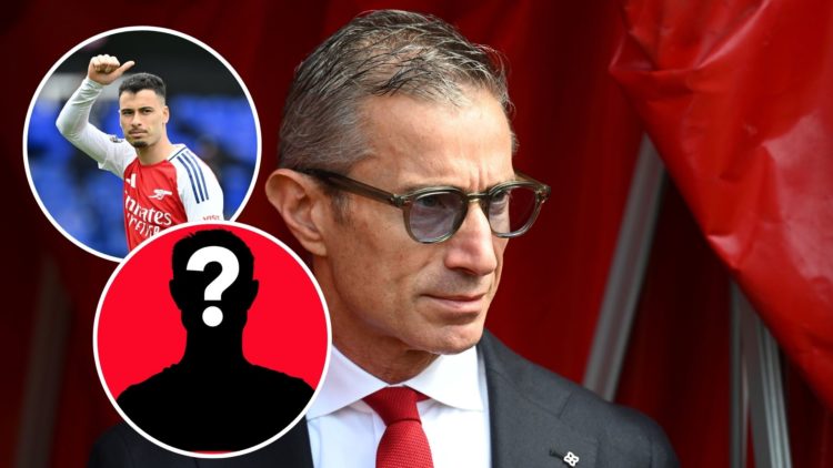 Image of Andrea Berta, Sporting director of Arsenal looks on prior to the Premier League match between Southampton FC and Arsenal, Inset of Gabriel...