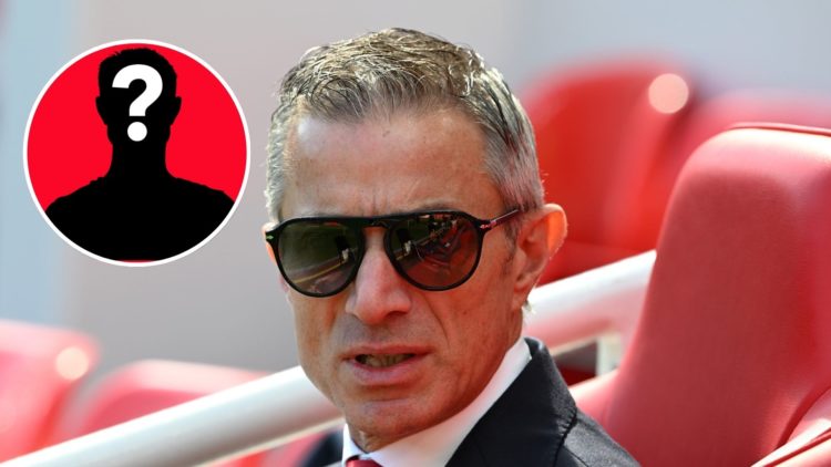 Image of Andrea Berta, Sporting Director of Arsenal, looks on prior to the Premier League match between Liverpool FC and Arsenal, Inset of a myster...