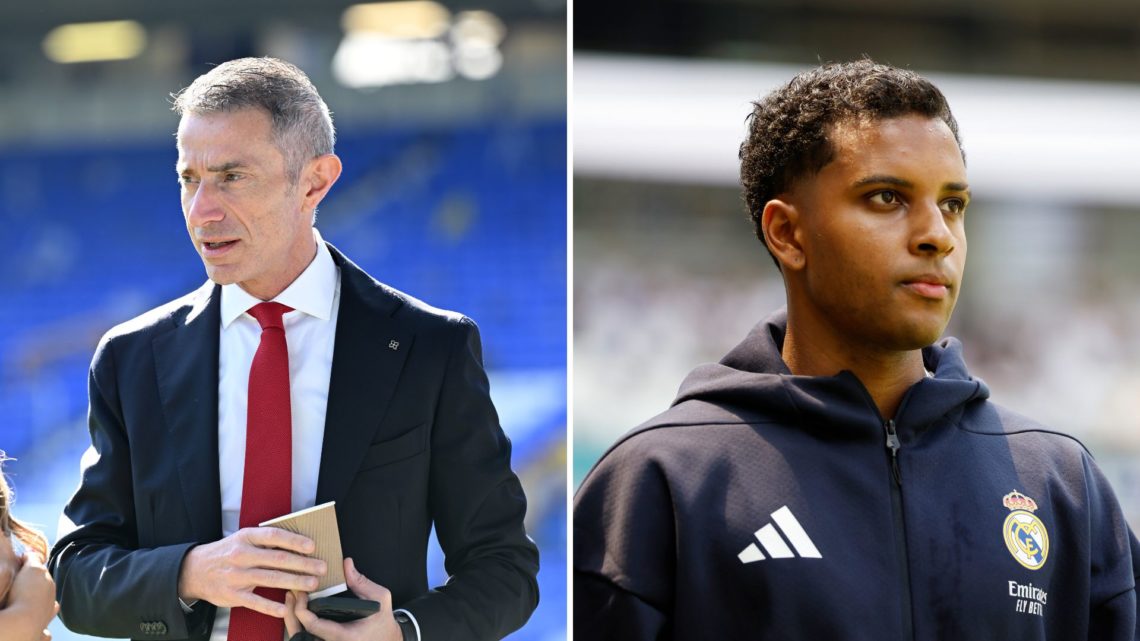 Split Image of Arsenal's sporting director, Andrea Berta speaks prior to the Premier League match between Everton FC and Arsenal, Rodrygo #11 of Re...