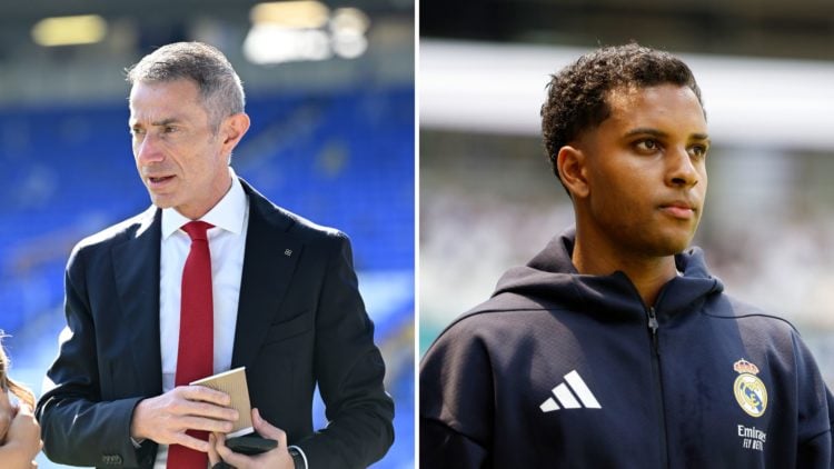 Split Image of Arsenal's sporting director, Andrea Berta speaks prior to the Premier League match between Everton FC and Arsenal, Rodrygo #11 of Re...