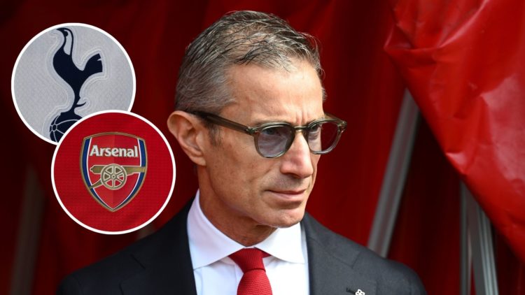 Image of Andrea Berta looks on before Southampton FC v Arsenal FC in the Premier League clash, insets of A detailed view of the badge of Arsenal FC...