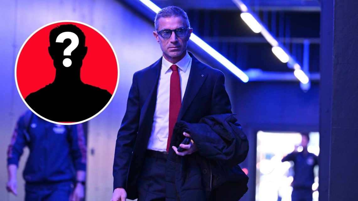 Image of Andrea Berta looks on before Ipswich vs Arsenal, Inset of a mystery player
