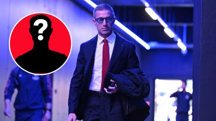 Image of Andrea Berta looks on before Ipswich vs Arsenal, Inset of a mystery player