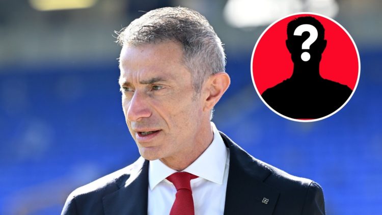 Image of Arsenal's sporting director, Andrea Berta speaks prior to the Premier League match between Everton FC and Arsenal, Inset of a mystery player
