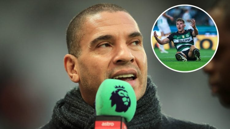 Image of Stan Collymore speaks to media prior to the Premier League match between West Ham United and Arsenal, inset of Viktor Gyokeres gestures du...
