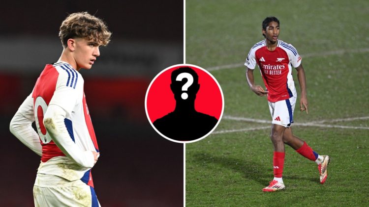 Split Image of Max Dowman of Arsenal looks on during the FA Youth Cup Quarter Final match between Arsenal U18 and Manchester United, Marli Salmon o...