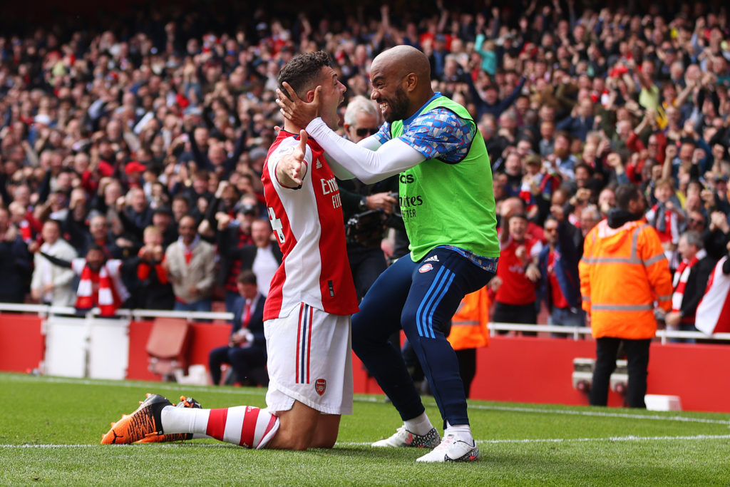 Granit Xhaka and Alexandre Lacazette celebrate during an Arsenal match
