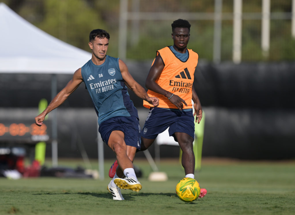 Bukayo Saka and Martin Zubimendi in action during an Arsenal Training Session.