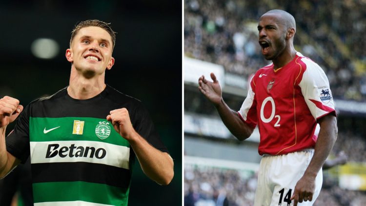 Split Image of Viktor Gyokeres of Sporting CP celebrates scoring his team's fourth goal during the Liga Portugal Betclic match between Sporting CP ...