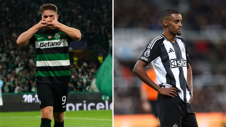 Split Image of Viktor Gyokeres of Sporting CP celebrates after scoring a goal during the UEFA Champions League 2024/25 League Phase MD4 match betwe...