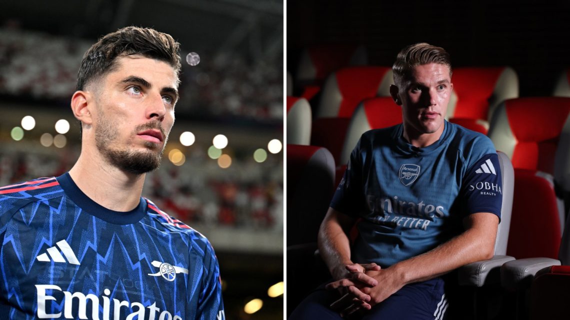 Split Image of Kai Havertz of Arsenal looks on prior to the Pre-Season Friendly match between Arsenal FC and AC Milan, Arsenal unveil new signing V...