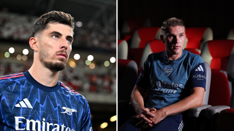 Split Image of Kai Havertz of Arsenal looks on prior to the Pre-Season Friendly match between Arsenal FC and AC Milan, Arsenal unveil new signing V...
