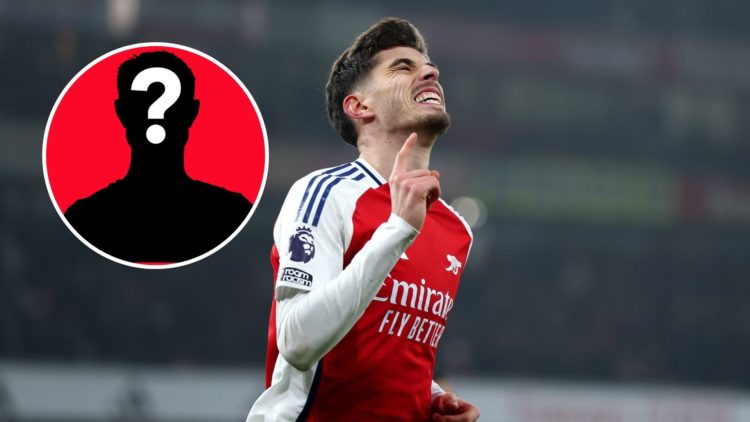 Image of Kai Havertz of Arsenal celebrates scoring his team's second goal during the Premier League match between Arsenal FC and Aston Villa, inset...