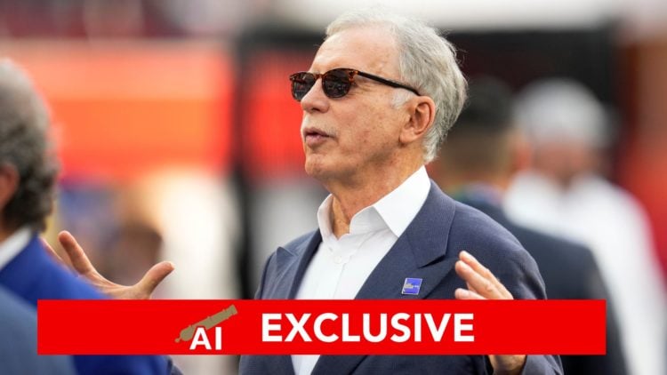 Image of Los Angeles Rams owner Stan Kroenke talks before the NFL Super Bowl LVI football game at SoFi Stadium, inset of the Arsenal Insider exclus...