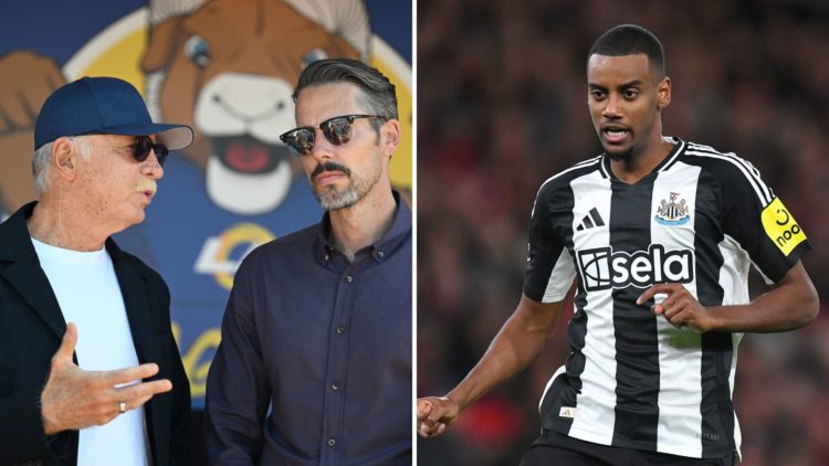Split Image of Stan and (R) Josh Kroenke of KSE, owners of Arsenal and the LA Rams at the Los Angeles Rams Training Camp, Alexander Isak during the...