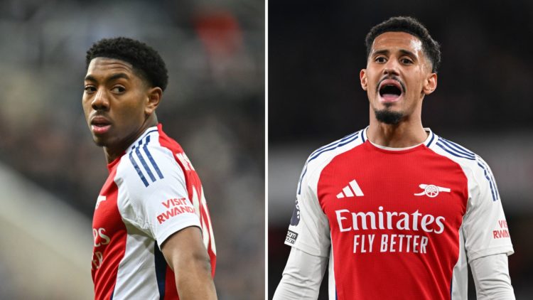 Split Image of Myles Lewis-Skelly of Arsenal looks on during the Carabao Cup Semi Final Second Leg match between Newcastle United and Arsenal, Will...