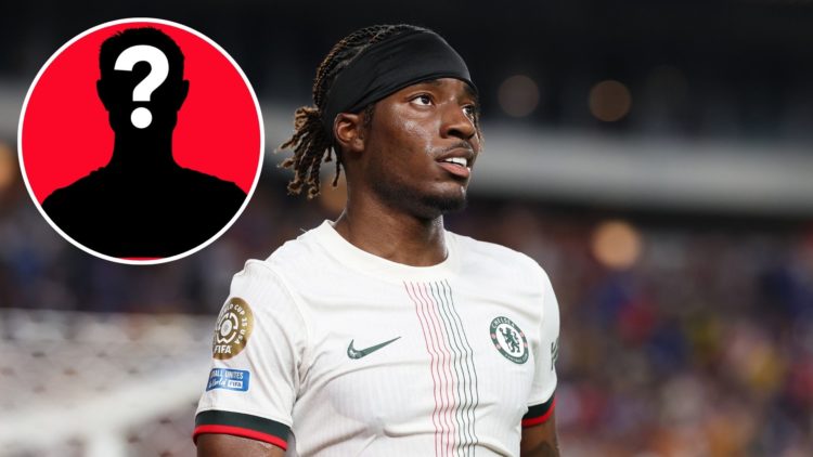 Image of Noni Madueke #11 of Chelsea FC looks on during the FIFA Club World Cup 2025 group D match between Esperance de Tunis and Chelsea, Inset of...