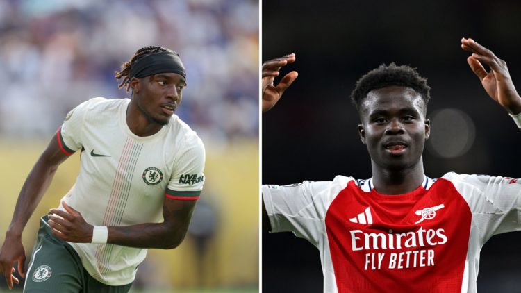Split Image of Noni Madueke of Chelsea during the FIFA Club World Cup 2025 semi-final match between Fluminense FC and Chelsea, Bukayo Saka of Arsen...