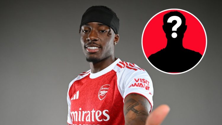 Image of Arsenal unveil new signing Noni Madueke at Sobha Realty Training Centre, inset of a mystery player