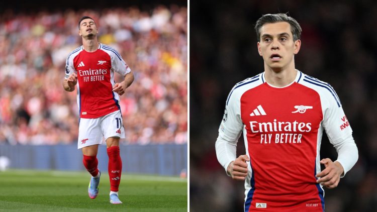 Split Image of Gabriel Martinelli of Arsenal looks dejected during the Premier League match between Arsenal FC and Brentford, Leandro Trossard of A...