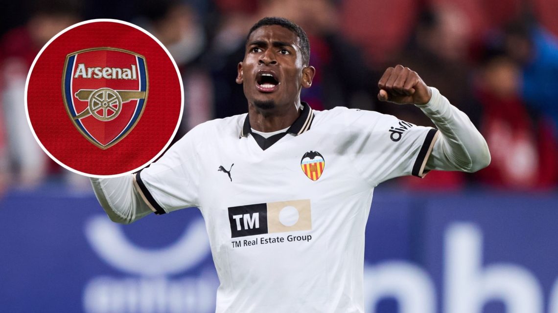 Image of Cristhian Mosquera of Valencia CF celebrates victory after the LaLiga EA Sports match between CA Osasuna and Valencia, inset of A detailed...