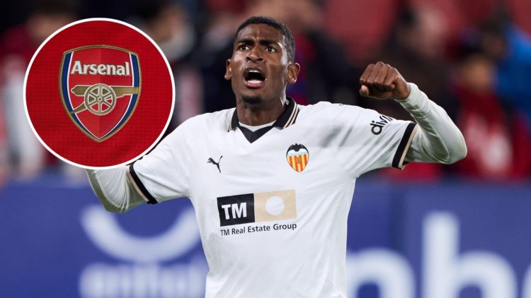 Image of Cristhian Mosquera of Valencia CF celebrates victory after the LaLiga EA Sports match between CA Osasuna and Valencia, inset of A detailed...