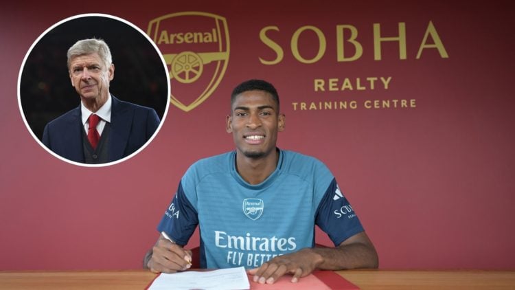 Image of Arsenal unveil new signing Cristhian Mosquera at Sobha Realty Training Centre, inset of Arsene Wenger looks on during an Arsenal match