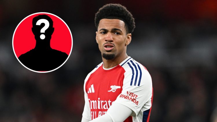 Image of Ethan Nwaneri of Arsenal during the Premier League match between Arsenal FC and Crystal Palace, inset of a mystery player