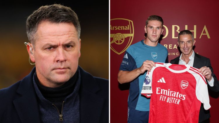 Split Image of Amazon Prime pundit Michael Owen looks on prior to the Premier League match between Wolverhampton Wanderers and Burnley, Arsenal new...