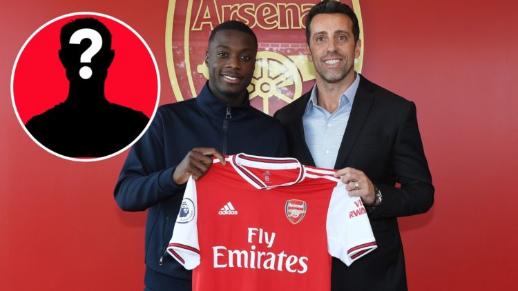 Image of Arsenal Director of Football Edu poses with new signing Nicolas Pepe, inset of a mystery player