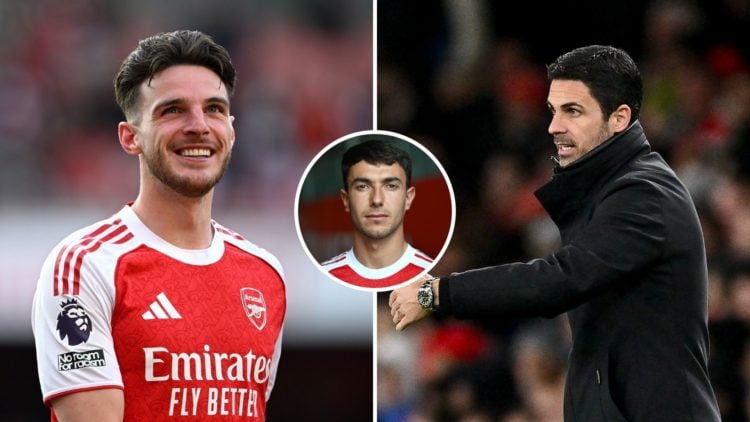 Split Image of Declan Rice of Arsenal during the Premier League match between Arsenal FC and Newcastle United, Mikel Arteta of Arsenal gestures dur...