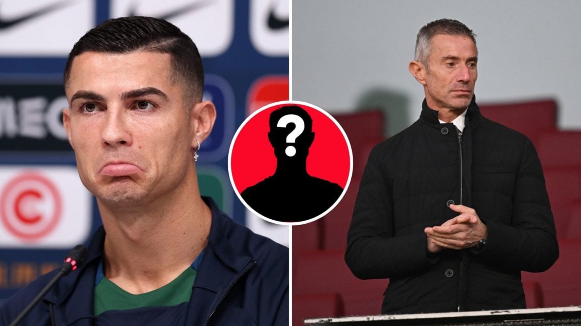 Split Image of Cristiano Ronaldo of Portugal reacts during the Portugal Press Conference, Andrea Berta, Sporting Director of Arsenal, applauds in t...