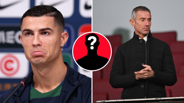 Split Image of Cristiano Ronaldo of Portugal reacts during the Portugal Press Conference, Andrea Berta, Sporting Director of Arsenal, applauds in t...