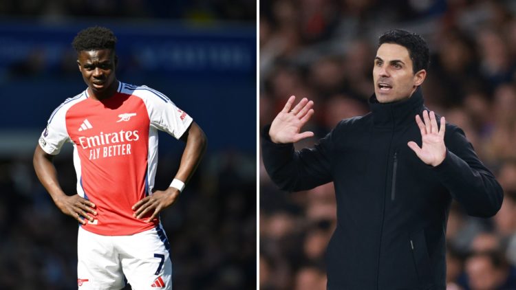 Split Image of Bukayo Saka of Arsenal looks on during the Premier League match between Everton FC and Arsenal, Mikel Arteta, Head Coach of Arsenal ...