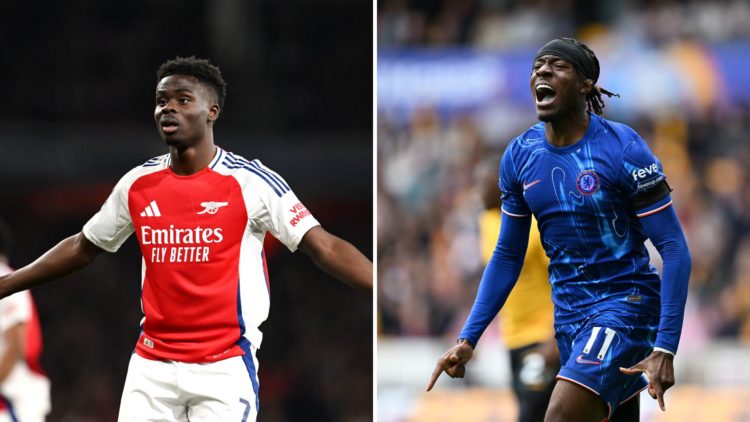 Split Image of Bukayo Saka of Arsenal reacts during the UEFA Champions League 2024/25 Quarter Final First Leg match between Arsenal FC and Real Mad...