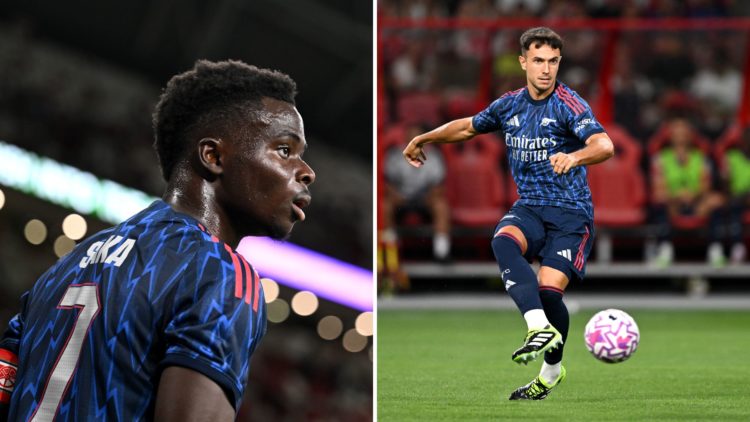 Split Image of Bukayo Saka of Arsenal looks on during the Pre-Season Friendly match between Arsenal FC and AC Milan, Martin Zubimendi of Arsenal pa...