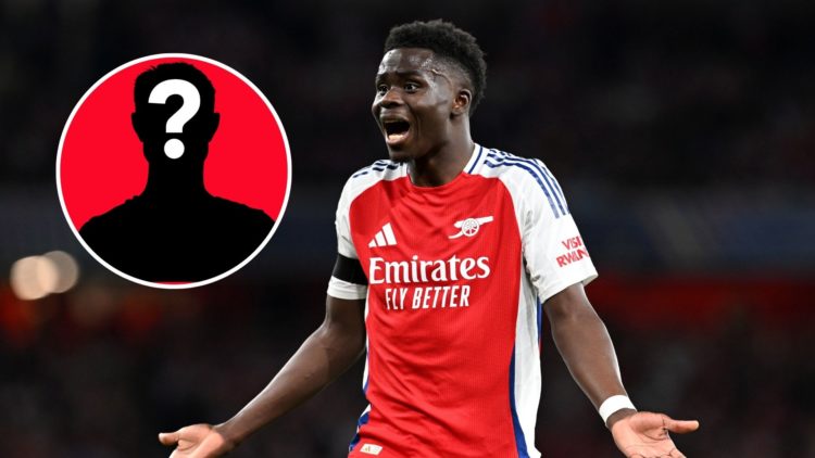 Image of Bukayo Saka of Arsenal reacts after he was adjudged to have fouled Nuno Mendes of Paris Saint-Germain, Inset of a mystery player