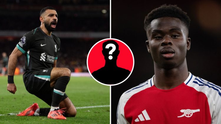 Split Image of Mohamed Salah celebrates his late equaliser for Liverpool during the Premier League match between Arsenal FC and Liverpool, Bukayo S...